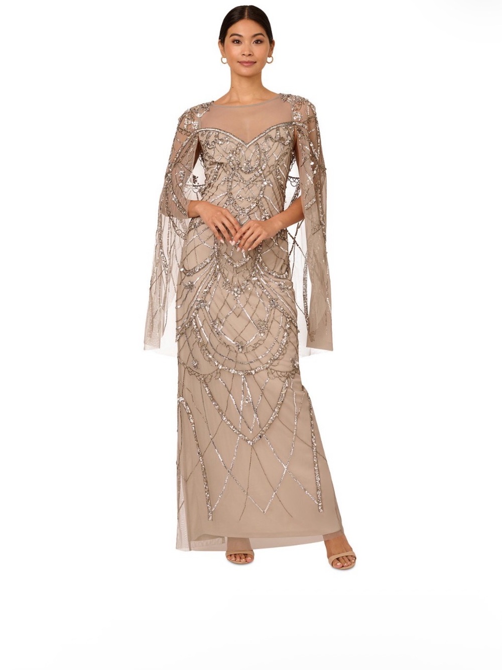 Adrianna Papell Champagne Beaded Cape Sleeve Evening Gown SZ 8 NWT GALA MOB/MOG